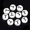 Handmade Porcelain Beads, Horizontal Hole, Flat Round with Letter, White, Letter.T, 8~8.5x4.5mm, Hole: 2mm