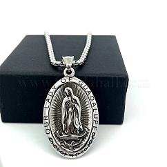 Vintage 304 Stainless Steel Oval with Emboss Virgin Pendant Box Chain Necklaces for Women, Stainless Steel Color, 23.62 inch(60cm)