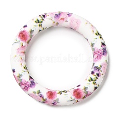 Food Grade Eco-Friendly Silicone Pendants, Ring with Rose Pattern, White, 65x10mm, Hole: 4mm