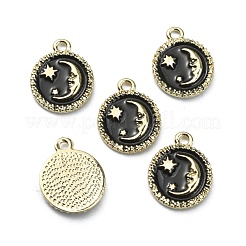 合金エナメルチャーム  月と星のチャームが付いたフラットラウンド  ライトゴールド  ブラック  16x13x2mm  穴：1.8mm&nbsp;ENAM-CJC0006-59B