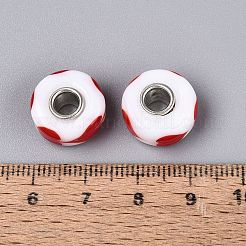 ランプワークと真鍮芯のヨーロピアンビーズ  大穴ビーズ  ロンドル＆ハート  レッド  14~15x7~7.5mm  穴：4~4.5mm&nbsp;LAMP-Q042-01F