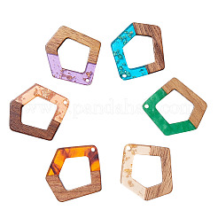 透明および不透明な樹脂とクルミ材のペンダント  ポリゴン  ミックスカラー  35x31x3mm  穴：2mm  6色  2個/カラー  12個/セット&nbsp;RESI-SZ0001-01