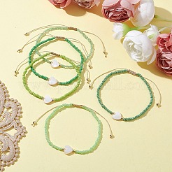 5Pcs 5 Colors Natural Shell Heart & Seed Braided Bead Bracelets Set&nbsp;BJEW-JB10039-03
