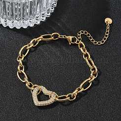 304ステンレススチールラインストーンリンクブレスレット  女性用フィガロチェーンブレスレット  ハート  7.17インチ（18.2cm）&nbsp;BJEW-P396-01D-G