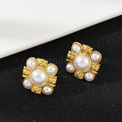 304ステンレススチールプラスチックパールスタッドピアス  ゴールドカラー  正方形  19x19mm&nbsp;LS-EJEW-U070-03A-G