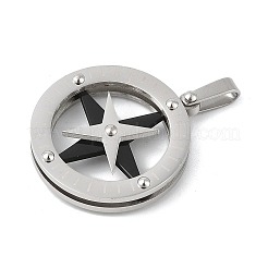 304ステンレスペンダント  スターチャーム付きフラットラウンド  ブラック  25.5x25x6mm  穴：6x3mm&nbsp;STAS-U040-01P-02