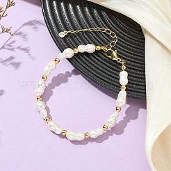 天然バロックケシパールと真鍮ビーズを使用した女性用ブレスレット  ピーナッツ  乳白色  7.44インチ（18.9cm）&nbsp;BJEW-JB13957