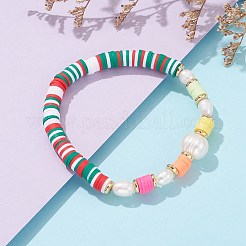 ポリマークレイヘイシビーズストレッチブレスレット  天然パールビーズと真鍮スペーサービーズ  ゴールドカラー  カラフル  内径：2-3/8インチ（6.1cm）&nbsp;BJEW-JB06026-01