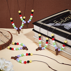 Wood Cross with Acrylic Beaded Pendant Necklaces for Women&nbsp;NJEW-AB00011