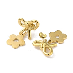 304ステンレススチールスタッドピアス  女性用蝶結びと花のダングルイヤリング  18KGP本金メッキ  30x20mm&nbsp;EJEW-Z049-02G