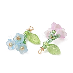 ガラスシードビーズとアクリルビーズのペンダント7個  花のチャーム  304ステンレススチールループ付き  ゴールドカラー  ミックスカラー  18.5x15x6mm  穴：1.6mm  約7個/セット&nbsp;PALLOY-MZ01325