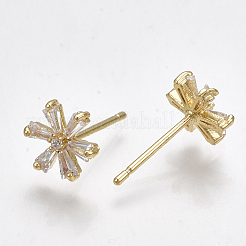 真鍮製キュービックジルコニアスタンドピアス  花  透明  18KGP本金メッキ  9x8mm  ピン：0.7mm&nbsp;X-KK-S348-364G