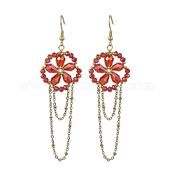 電気メッキ加工を施したガラス編み込みのドロップピアス（女性用）  花  304ステンレススチールダングルイヤリング  18KGP本金メッキ  ミックスカラー  93.5x25.5mm&nbsp;EJEW-MZ00795