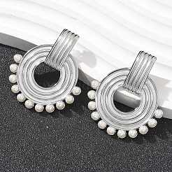 304ステンレススチールABS模造真珠スタッドピアス  フラットラウンド  ステンレス鋼色  42.5x36mm&nbsp;EJEW-M069-02P