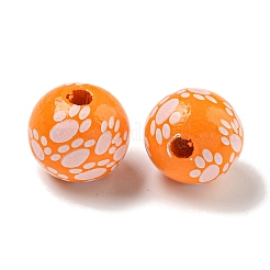 プリントウッドヨーロピアンビーズ  足跡模様で丸い  ダークオレンジ  15.5~16mm  穴：4~4.5mm&nbsp;WOOD-G022-09F