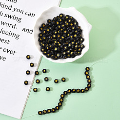 黒の不透明なアクリルビーズ  スターとフラットラウンド  黄金メッキ  7x4mm  穴：1.5mm  約200個/袋&nbsp;PACR-YW0001-04C