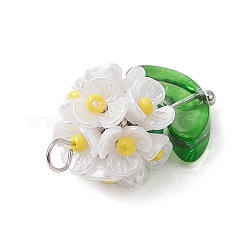 ガラスシードビーズの花のペンダント  樹脂と真鍮の金具付き  ホワイト  25x14x13mm  穴：3x2.5mm&nbsp;X1-PALLOY-MZ00521-02