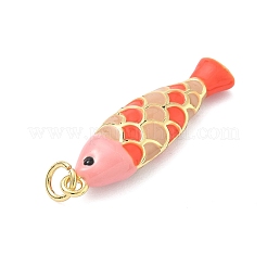 真鍮チャーム  魚のチャーム  エナメル  カドミウムフリー＆鉛フリー  ラックめっき  長持ちメッキ  丸カン付き  18KGP本金メッキ  オレンジ  29.5x8.5x4.5mm  穴：3.3mm&nbsp;KK-C156-06G-01