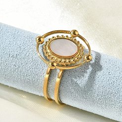 女性用楕円形 304 ステンレススチール ホワイトシェル 指輪  イオンプレーティング（ip）  18KGP本金メッキ  18x16mm  usサイズ6（16.5mm）&nbsp;RJEW-G346-09G-02