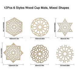 6種類の木製カップマット12枚  混合図形  95~109x95~105x1.5mm  2個/スタイル&nbsp;AJEW-CJ0001-37