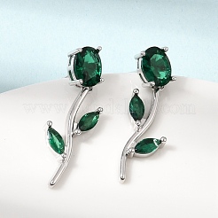 真鍮製マイクロパヴェキュービックジルコニアスタッドピアス  花バラ  鉛フリー＆カドミウムフリー  ラックめっき  長持ちメッキ  プラチナ  シーグリーン  30x11mm&nbsp;KK-CBA8324-20P-02
