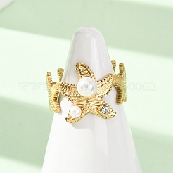 304 Stainless Steel Cubic Zirconia with Plastic Pearls Cuff Open Rings for Women&nbsp;CU-CBAA1FE-01G