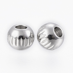 変色しにくい201ステンレススチールビーズ  縦縞のラウンド  ステンレス鋼色  4x3mm  穴：1.2mm&nbsp;STAS-G154-35-4mm
