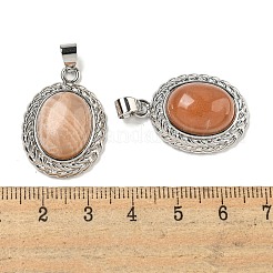 天然サンストーンの楕円形ペンダント  ラックメッキ真鍮宝石チャーム  プラチナ  27.5x19.5x8mm  穴：5x4mm&nbsp;G-B079-02P-03