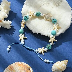 カメ&ヒトデ&ラウンド合成グリーンターコイズ編み込みビーズブレスレット  女の子の女性のための調節可能なブレスレット  2-1/8~3-1/8インチ（5.3~8cm）&nbsp;BJEW-TA00363