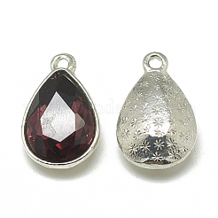 合金ガラスチャーム  多面カット  ティアドロップ  プラチナ  暗赤色  14.5x9x5mm  穴：1.5mm&nbsp;PALLOY-T028-7x10mm-18