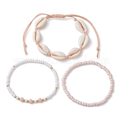 Summer Beach Natural Mixed Cowrie Shell Glass & Alloy Beaded Stretch Bracelet & Braided Bead Bracelets Sets&nbsp;BJEW-JB10838