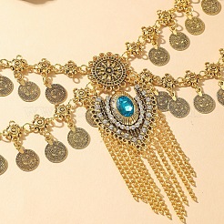 Ethnic Style Alloy Sapphire Rhinestone Heart Coin Tassel Double Layer Waist Belly Chains for Women&nbsp;FS-WG95DA8-01