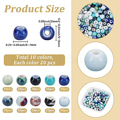 200 個 10 色の手作り磁器ビーズ  ラウンド  光沢釉の磁器  ミックスカラー  6~7x5~6mm  穴：2mm  20個/カラー&nbsp;PORC-PA0001-39