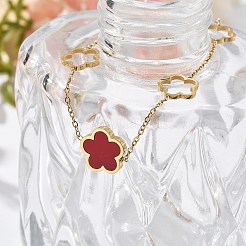 イオンプレーティング（IP）304ステンレススチールリンクブレスレット  女性用アズキチェーンジュエリー  エナメル  花  暗赤色  7-1/8インチ（18cm）&nbsp;BJEW-P345-11G-02