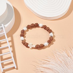 天然ハウライト & ルドラクシャ & 合成ターコイズ (染色) ストレッチ ブレスレット  女性のためのクロスヨガジュエリー  内径：2-1/8インチ（5.4cm）&nbsp;BJEW-TA00187-03