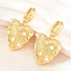 真鍮製ダングルフープピアス  ハート  アブソリュートプラスチック模造パール  鉛フリー＆カドミウムフリー  長持ちメッキ  ラックめっき  18KGP本金メッキ  40x22mm&nbsp;EJEW-G471-49G
