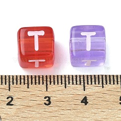 スプレー塗装透明アクリルビーズ  文字付きのキューブ  ミックスカラー  文字t  9.5x9.5x10mm  穴：3.8mm  約570個/500g&nbsp;MACR-K365-07T