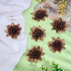 ポリエステルコンピューター刺繍布アイロン/縫い付けパッチ6枚  マスクと衣装のアクセサリー  アップリケ  花  ゴールド  75x78x7mm&nbsp;PATC-DC0001-18B
