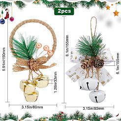 クリスマスベルペンダントデコレーション2個、2スタイル  ジュートロープ/リング付き  クリスマス ツリー ハンギング デコレーション ボウ ベル用  ミックスカラー  150~155x80x30~32mm  1個/スタイル&nbsp;HJEW-GF0001-34