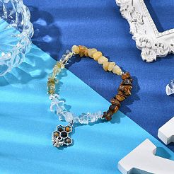天然の宝石のチップビーズのストレッチブレスレット  女性用合金チャームブレスレット  ミツバチ  内径：2-1/8インチ（5.5cm）&nbsp;BJEW-JB11193-02