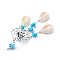 Alloy Woven Web/Net with Synthetic Turquoise Chip Beads and Natural Cowrie Shell Tassel Big Pendants&nbsp;PALLOY-MZ01090