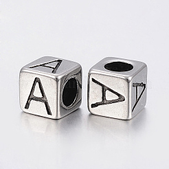 304 ステンレススチール 大きな穴文字 ヨーロッパ ビーズ  文字.a付きのキューブ  アンティークシルバー  8x8x8mm  穴：5mm&nbsp;X-STAS-H428-01AS-A