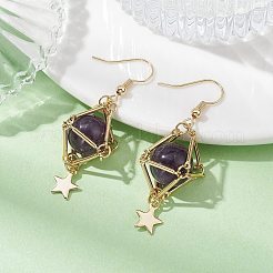 天然石アメジストダングルピアス  ゴールデン 304 ステンレススチール スター ロング ドロップ イヤリング  52x18mm&nbsp;EJEW-JE05499-01