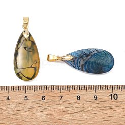 天然の龍脈模様の瑪瑙（染色・加熱処理済み）ペンダント  真鍮製のスナップボタンが付いたティアドロップチャーム  ギルデン  ミックスカラー  30x15x5mm  穴：5x3.5mm&nbsp;PALLOY-JF05584