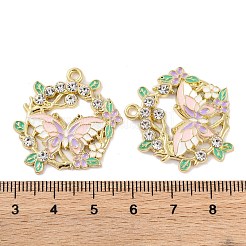 メッキ合金エナメルチャームラック  ラインストーン付き  ゴールドカラー  蝶のチャームが付いた花輪  ピンク  29.7x28.4x2.5~3mm  穴：2mm&nbsp;FIND-M020-03C-G