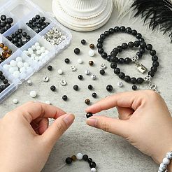 DIY カップルブレスレット作成キット  天然と合成の混合宝石とガラスラウンドビーズを含む  合金のハートマグネットクラスプ  スケルトンキー＆ロックプラスチックペンダント  ブラック  421個/セット&nbsp;DIY-YW0008-23
