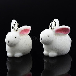 フロッキー樹脂ペンダント  プラチナメッキ鉄ループ付き  兎  フラミンゴ  18x23x12mm  穴：2.5mm&nbsp;RESI-N032-10