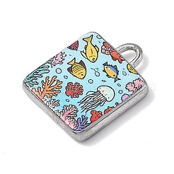 プリントされた304ステンレススチールペンダント  スクエアチャーム  魚  18x15x3mm  穴：2.5mm&nbsp;STAS-G376-01P-01