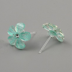 レジンスタンドピアス  花  淡いターコイズ  13.5x14mm&nbsp;EJEW-WH0016-38C-02