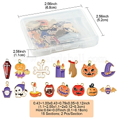 30個15スタイルアロイエナメルペンダント  ハロウィンモチーフ  ライトゴールド  混合図形  ミックスカラー  11~25.5x11~20x1.5~3mm  穴：1~1.8mm  2個/スタイル&nbsp;ENAM-FS0001-90